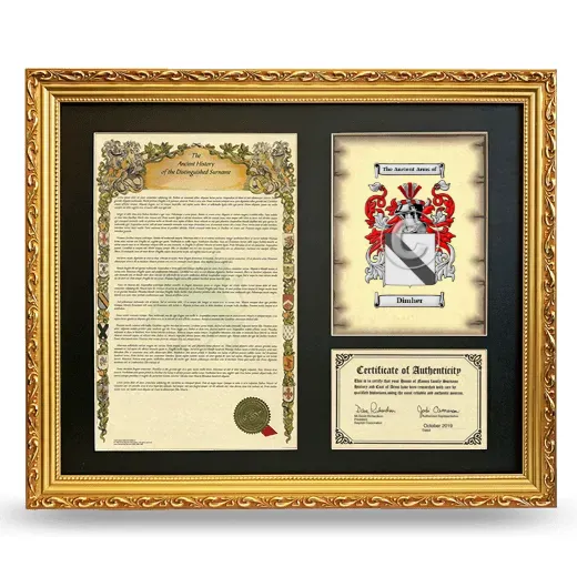 Dimher Framed Surname History and Coat of Arms- Gold