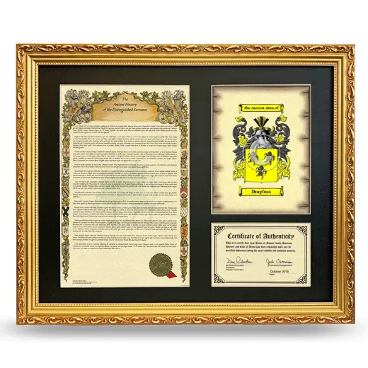 Drayfuss Framed Surname History and Coat of Arms- Gold