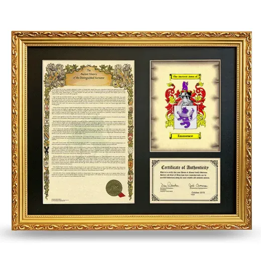 Emmence Framed Surname History and Coat of Arms- Gold