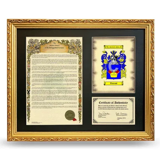 Fioroni Framed Surname History and Coat of Arms- Gold