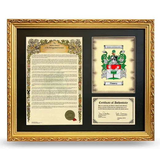Flanery Framed Surname History and Coat of Arms- Gold
