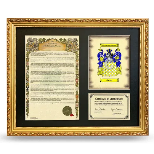 Garter Framed Surname History and Coat of Arms- Gold