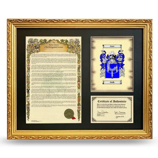 Geds Framed Surname History and Coat of Arms- Gold