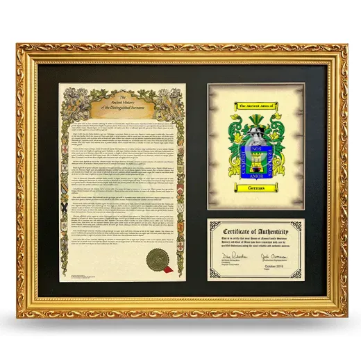 Germas Framed Surname History and Coat of Arms- Gold