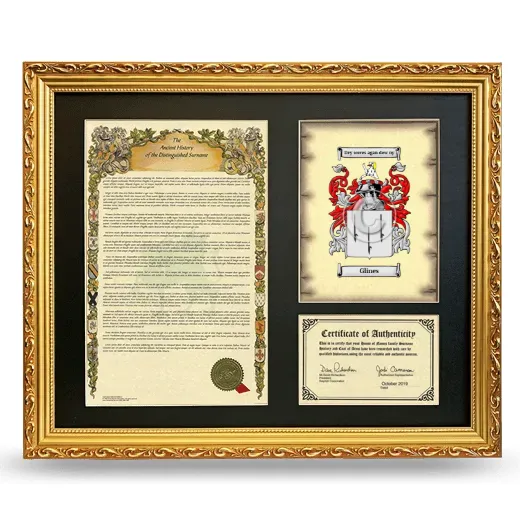Glines Framed Surname History and Coat of Arms- Gold