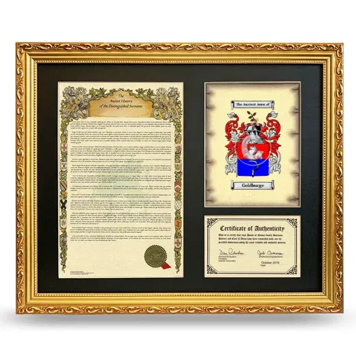 Goldburge Framed Surname History and Coat of Arms- Gold