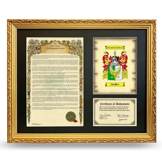 Goodlett Framed Surname History and Coat of Arms- Gold