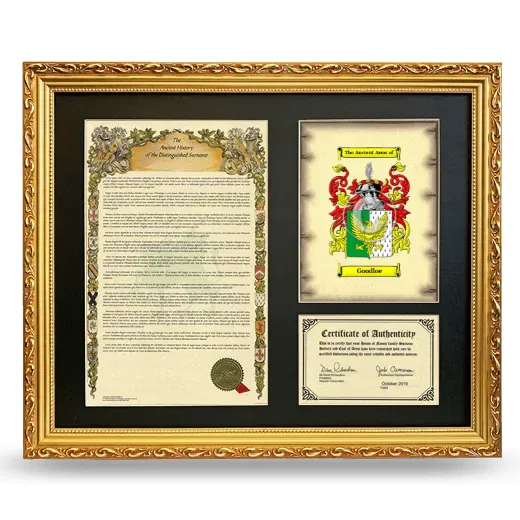 Goodloe Framed Surname History and Coat of Arms- Gold