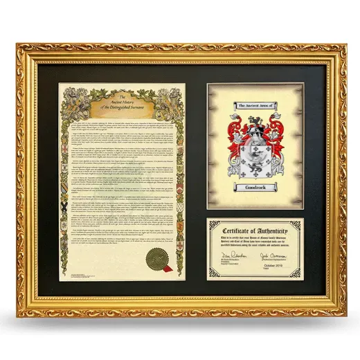 Goodrock Framed Surname History and Coat of Arms- Gold