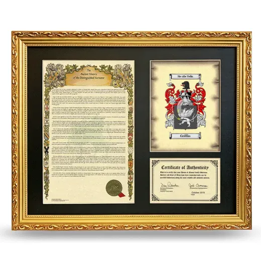 Griffin Framed Surname History and Coat of Arms- Gold