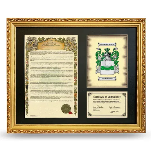 Hackenbeck Framed Surname History and Coat of Arms- Gold