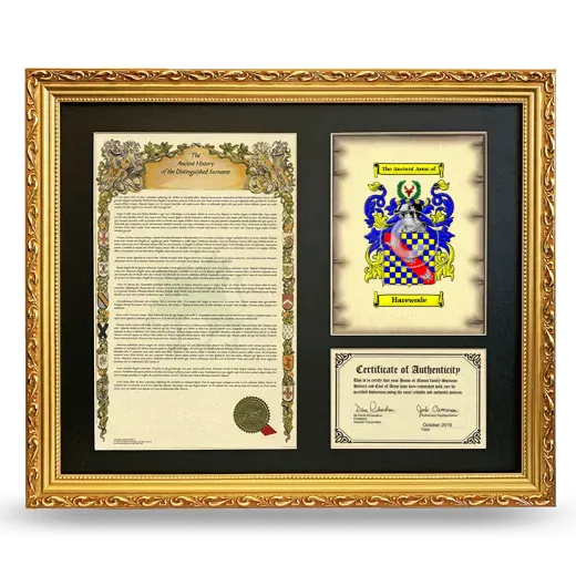 Harewode Framed Surname History and Coat of Arms- Gold