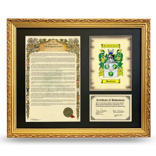 Heathcott Framed Surname History and Coat of Arms- Gold