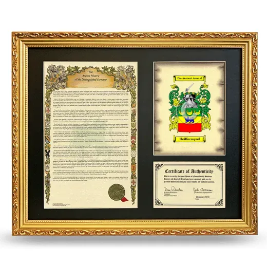 Heiffermynd Framed Surname History and Coat of Arms- Gold