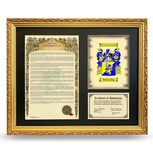 Hemmerling Framed Surname History and Coat of Arms- Gold
