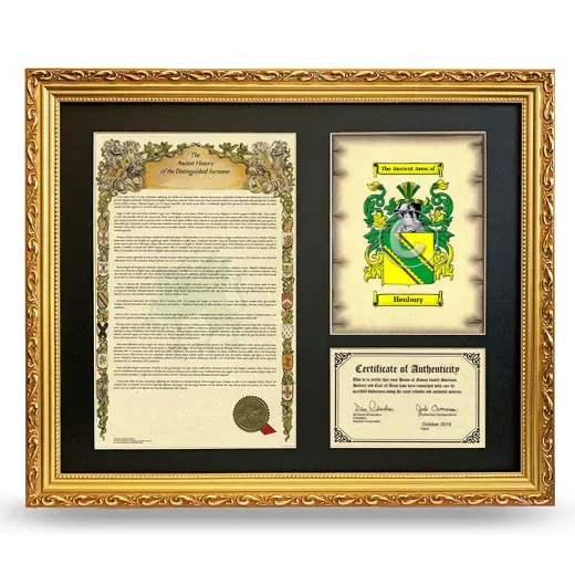 Henbury Framed Surname History and Coat of Arms- Gold
