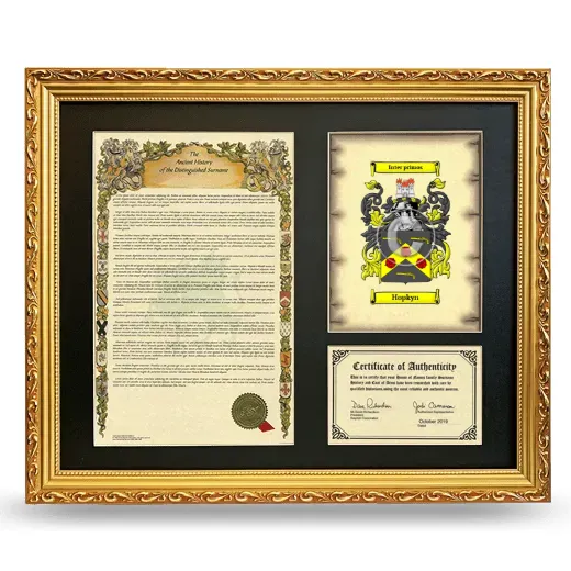 Hopkyn Framed Surname History and Coat of Arms- Gold