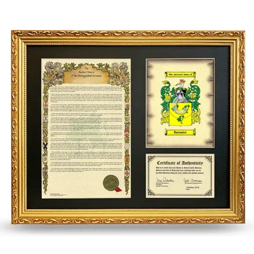Katmint Framed Surname History and Coat of Arms- Gold