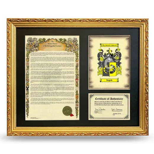Kegels Framed Surname History and Coat of Arms- Gold
