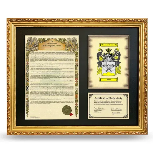 Kral Framed Surname History and Coat of Arms- Gold