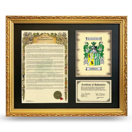 Landtman Framed Surname History and Coat of Arms- Gold