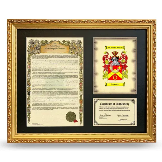 Le'roux Framed Surname History and Coat of Arms- Gold