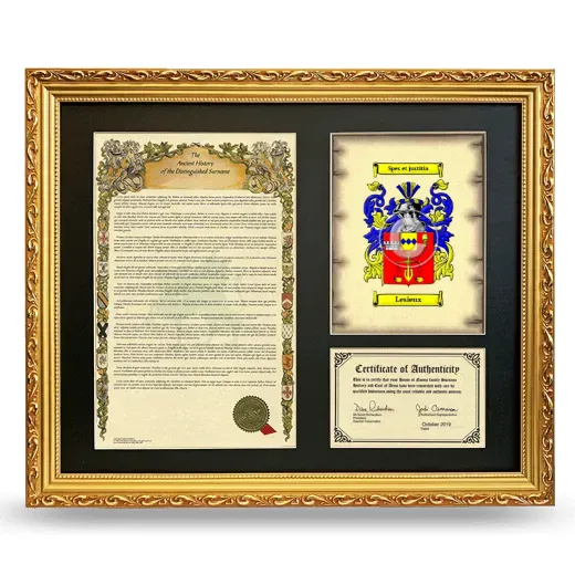 Lesieux Framed Surname History and Coat of Arms- Gold