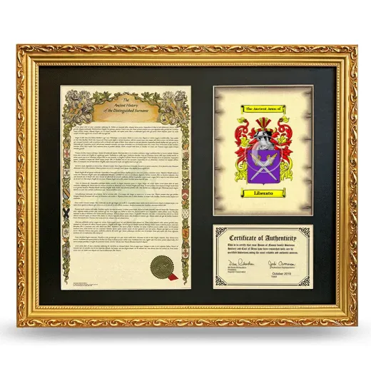 Liberato Framed Surname History and Coat of Arms- Gold