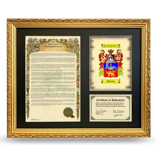Libertino Framed Surname History and Coat of Arms- Gold