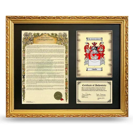 Lincks Framed Surname History and Coat of Arms- Gold