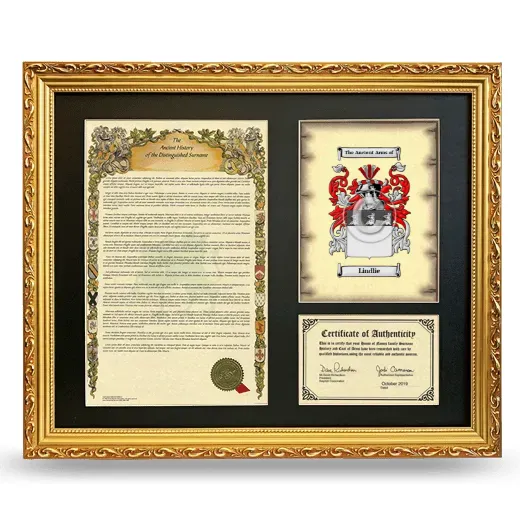 Lindlie Framed Surname History and Coat of Arms- Gold