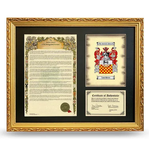 Louvieres Framed Surname History and Coat of Arms- Gold