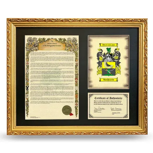 MacQuartie Framed Surname History and Coat of Arms- Gold