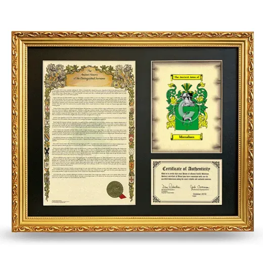 Manahan Framed Surname History and Coat of Arms- Gold