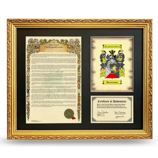 Mauermann Framed Surname History and Coat of Arms- Gold