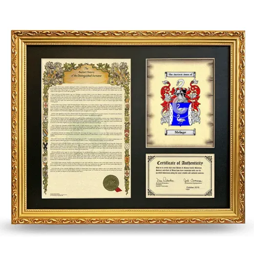 Melage Framed Surname History and Coat of Arms- Gold