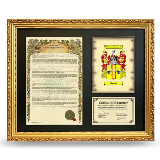 Merrell Framed Surname History and Coat of Arms- Gold