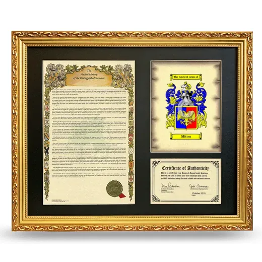 Miton Framed Surname History and Coat of Arms- Gold