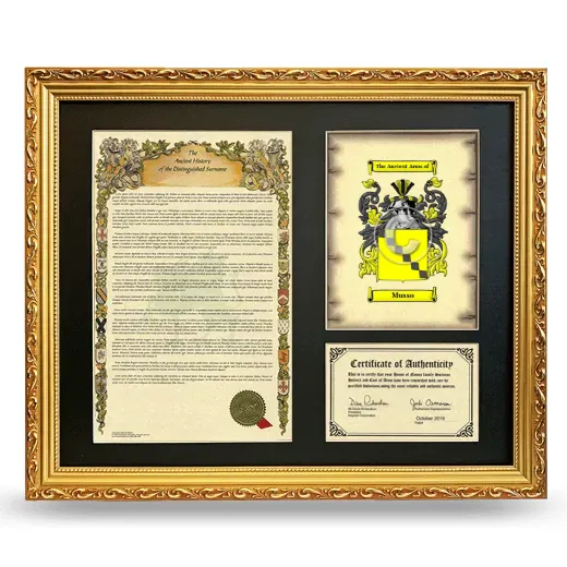 Musso Framed Surname History and Coat of Arms- Gold