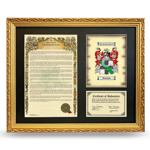 Newnom Framed Surname History and Coat of Arms- Gold