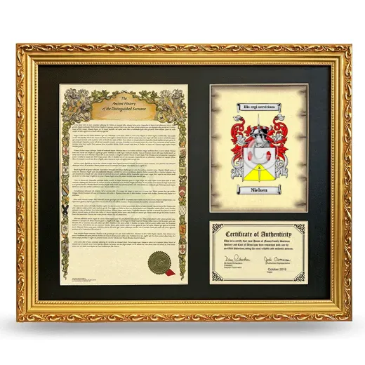 Nielsen Framed Surname History and Coat of Arms- Gold