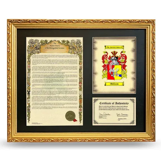 Olofsson Framed Surname History and Coat of Arms- Gold