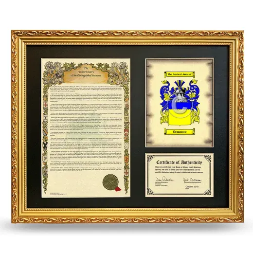 Ormonte Framed Surname History and Coat of Arms- Gold