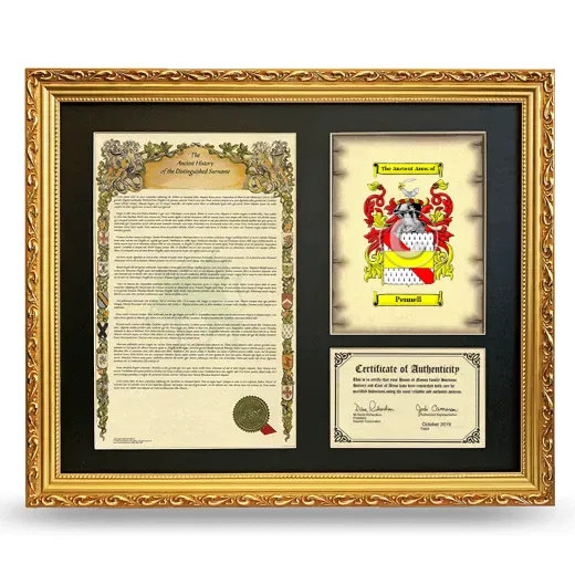 Pennell Framed Surname History and Coat of Arms- Gold