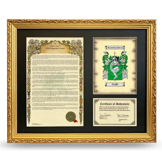 Proffit Framed Surname History and Coat of Arms- Gold