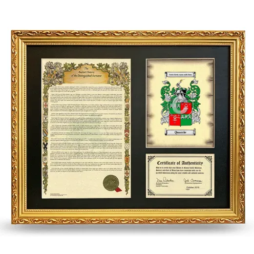 Quarrie Framed Surname History and Coat of Arms- Gold