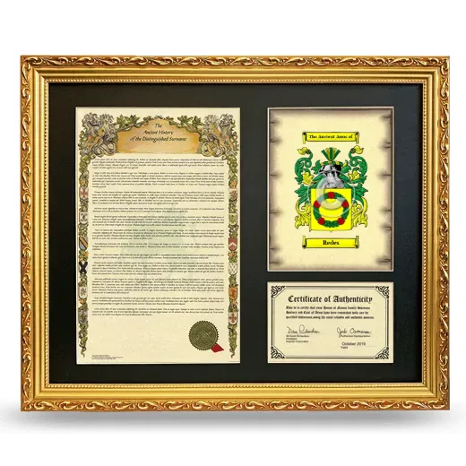 Redes Framed Surname History and Coat of Arms- Gold