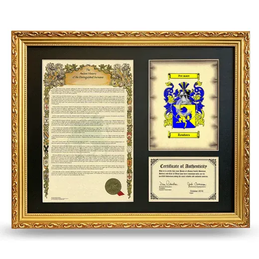 Reuters Framed Surname History and Coat of Arms- Gold