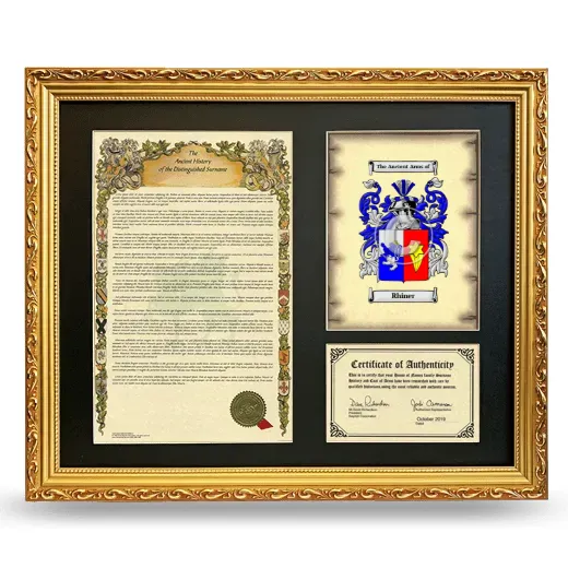 Rhiner Framed Surname History and Coat of Arms- Gold