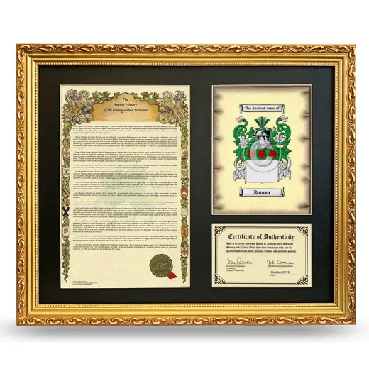Roman Framed Surname History and Coat of Arms- Gold
